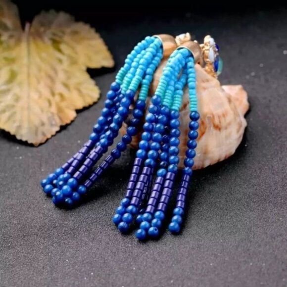 Sea Blue Rhinestone Beaded Tassel Fringe Vintage Gold Dangle Statement Earrings - Picture 8 of 9